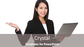  Presentation with hold hand - Presentation theme consisting of young businesswoman hold with notebook computer and hand showing blank sign background and a gray colored foreground