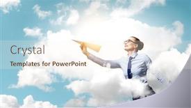  Presentation with plane - PPT theme consisting of young-businesswoman-holding-a-paper background and a cream colored foreground