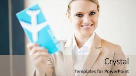  Presentation with mine air pollution - PPT theme featuring young businesswoman holding air ticket background and a soft green colored foreground