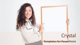  Presentation with blank - Beautiful slide deck featuring young businesswoman holding blank board backdrop and a  colored foreground