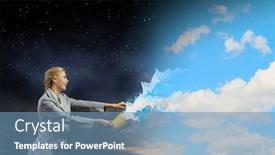  Presentation with paint bucket - Beautiful presentation design featuring young businesswoman holding bucket with paint splashes backdrop and a teal colored foreground