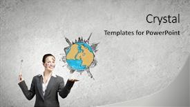  Presentation with cutout paper people standing around globe holding hands - Colorful slides enhanced with young businesswoman holding drawn globe backdrop and a light gray colored foreground
