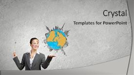  Presentation with cutout paper people standing around globe holding hands - Presentation design featuring young businesswoman holding drawn globe background and a light gray colored foreground