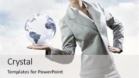  Presentation with earth planet globe - PPT theme with young businesswoman holding earth planet background and a light gray colored foreground