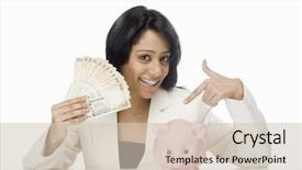  Presentation with piggy bank - PPT layouts with young businesswoman holding indian paper background and a soft green colored foreground