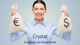  Presentation with blue and orange business people - Presentation theme having young businesswoman holding money bag background and a light blue colored foreground