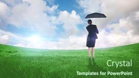  Presentation with under umbrella - Colorful PPT theme enhanced with young businesswoman holding umbrella against green field under blue sky backdrop and a forest green colored foreground