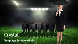  Presentation with football lights - Theme with young businesswoman holding umbrella against football pitch with bright lights background and a tawny brown colored foreground