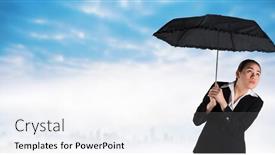  Presentation with under umbrella - Theme having young businesswoman holding umbrella against dusty path leading to city under the clouds background and a sky blue colored foreground