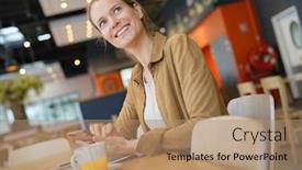  Presentation with cafeteria - PPT theme having young-businesswoman-in-a-cafeteria background and a coral colored foreground