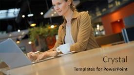  Presentation with cafeteria - Presentation design with young-businesswoman-in-a-cafeteria background and a coral colored foreground