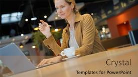  Presentation with cafeteria - Presentation theme featuring young-businesswoman-in-a-cafeteria background and a coral colored foreground