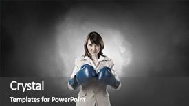  Presentation with boxing - Audience pleasing theme consisting of young businesswoman in blue boxing gloves competition ready backdrop and a dark gray colored foreground