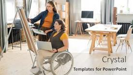  Presentation with points - Beautiful PPT layouts featuring young-businesswoman-in-casualwear-helping backdrop and a soft green colored foreground