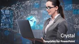  Presentation with data management - PPT layouts featuring young businesswoman in data management background and a dark gray colored foreground