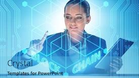  Presentation with blockchain - Presentation design consisting of young-businesswoman-in-innovative-blockchain background and a light blue colored foreground
