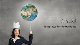  Presentation with cutout paper people standing around globe holding hands - Slide deck with young businesswoman in paper crown background and a  colored foreground