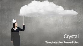  Presentation with cutout paper people standing around globe holding hands - Cool new presentation with young businesswoman in paper crown holding balloon cloud backdrop and a gray colored foreground