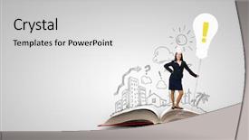  Presentation with crown - Presentation theme with young businesswoman in paper crown background and a light gray colored foreground