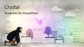  Presentation with crown - Beautiful slide set featuring young businesswoman in paper crown running in a hurry backdrop and a soft green colored foreground