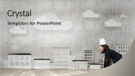  Presentation with crown - Theme featuring young businesswoman in paper crown running in a hurry background and a light gray colored foreground