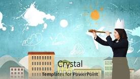  Presentation with crown - Cool new presentation theme with young businesswoman in paper crown looking in spyglass backdrop and a coral colored foreground