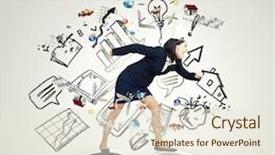  Presentation with crown - Audience pleasing PPT theme consisting of young businesswoman in paper crown running in a hurry backdrop and a sky blue colored foreground