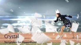  Presentation with crown of thorns - Slide deck featuring young businesswoman in paper crown running in a hurry background and a soft green colored foreground