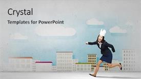  Presentation with crown - Beautiful PPT theme featuring young businesswoman in paper crown running in a hurry backdrop and a light gray colored foreground