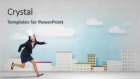  Presentation with crown - Beautiful PPT theme featuring young businesswoman in paper crown running in a hurry backdrop and a light gray colored foreground