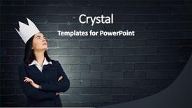  Presentation with crown - Beautiful PPT theme featuring young businesswoman in paper crown standing with arms crossed on chest backdrop and a wine colored foreground