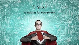  Presentation with acting - Cool new PPT theme with young businesswoman in red cape acting like super hero and sketches on background backdrop and a seafoam green colored foreground