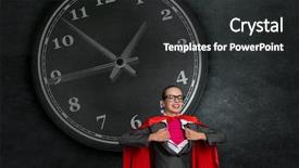  Presentation with acting - Audience pleasing PPT theme consisting of young businesswoman in red cape acting like super hero backdrop and a dark gray colored foreground