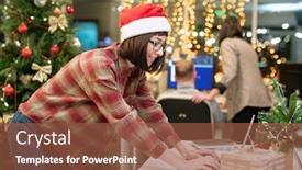  Presentation with next year - Slide deck featuring young-businesswoman-in-santa-cap background and a tawny brown colored foreground