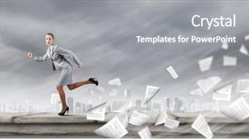  Presentation with running hours - Colorful presentation enhanced with young businesswoman in suit running backdrop and a  colored foreground