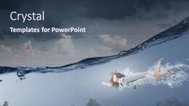  Presentation with crystal blue - Colorful slides enhanced with young businesswoman in suit swimming in crystal blue water backdrop and a tawny brown colored foreground