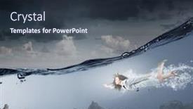  Presentation with blue crystal - Theme with young businesswoman in suit swimming in crystal blue water background and a wine colored foreground