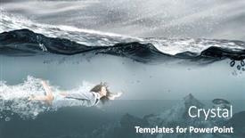  Presentation with blue crystal - Audience pleasing PPT theme consisting of young businesswoman in suit swimming in crystal blue water backdrop and a ocean colored foreground