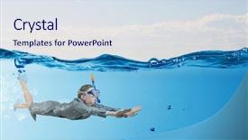  Presentation with under water - Slides enhanced with young businesswoman in suit and diving mask swimming under water background and a sky blue colored foreground