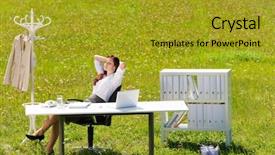 Presentation with meadow - Presentation theme featuring young businesswoman in sunny meadow background and a gold colored foreground