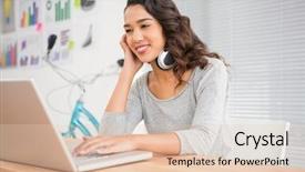  Presentation with laptop - Slide set having young-businesswoman-in-the-office background and a  colored foreground