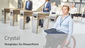  Presentation with wheelchair - Audience pleasing presentation theme consisting of young-businesswoman-in-wheelchair backdrop and a light gray colored foreground