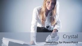  Presentation with soft colors - Cool new PPT theme with young businesswoman iron paper documents soft blue colors backdrop and a light blue colored foreground