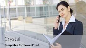  Presentation with phone - Cool new presentation with young-businesswoman-is-calling backdrop and a light gray colored foreground