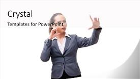  Presentation with white pom pom pom pom - Theme enhanced with young businesswoman isolated on white background and a  colored foreground