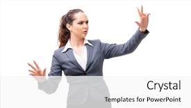  Presentation with scroll paper isolated on white - Audience pleasing slide set consisting of young businesswoman isolated on white backdrop and a  colored foreground