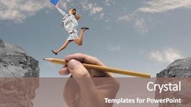  Presentation with gap - Slide set enhanced with young businesswoman jumping over gap background and a violet colored foreground