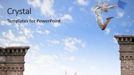  Presentation with gap - Colorful PPT theme enhanced with young businesswoman jumping over gap risk concept backdrop and a light blue colored foreground