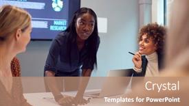  Presentation with women meeting - Presentation theme with young-businesswoman-leading-creative-meeting background and a coral colored foreground