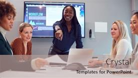  Presentation with women meeting - Presentation theme consisting of young-businesswoman-leading-creative-meeting background and a mint green colored foreground